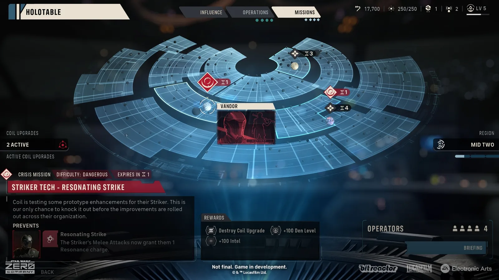 Holotable mission map showing a selected operation, difficulty information, and a four-operator squad